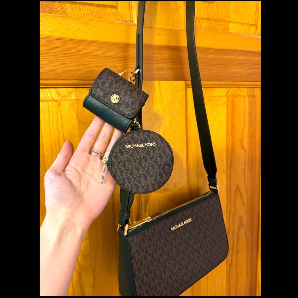 Michael Kors Brown and Dark Green Shoulder Purse w/Airpod and Coin Wallet